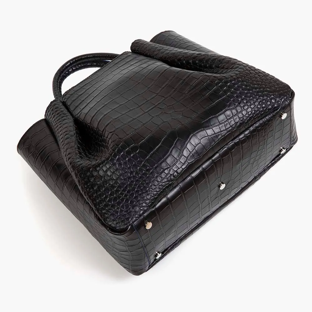 Amalfi Large Leather Tote Bag - Black Croc Print