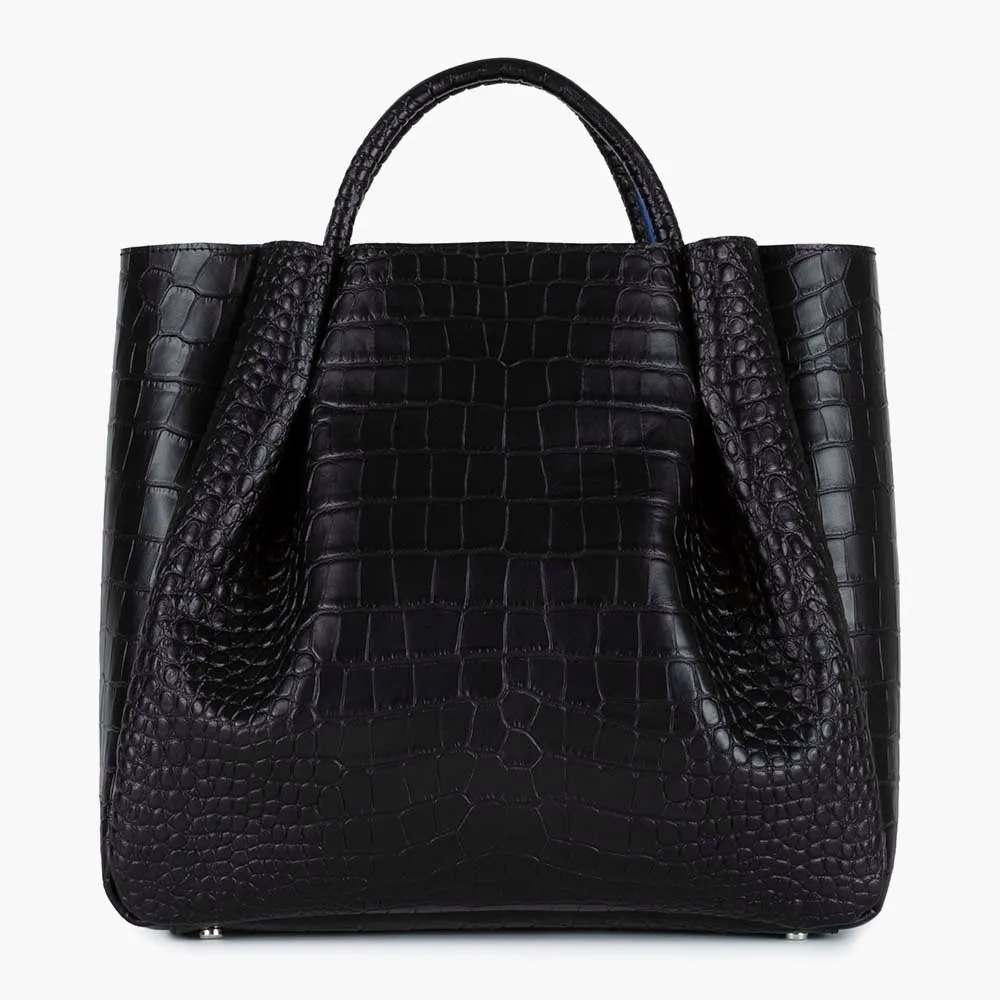 Amalfi Large Leather Tote Bag - Black Croc Print