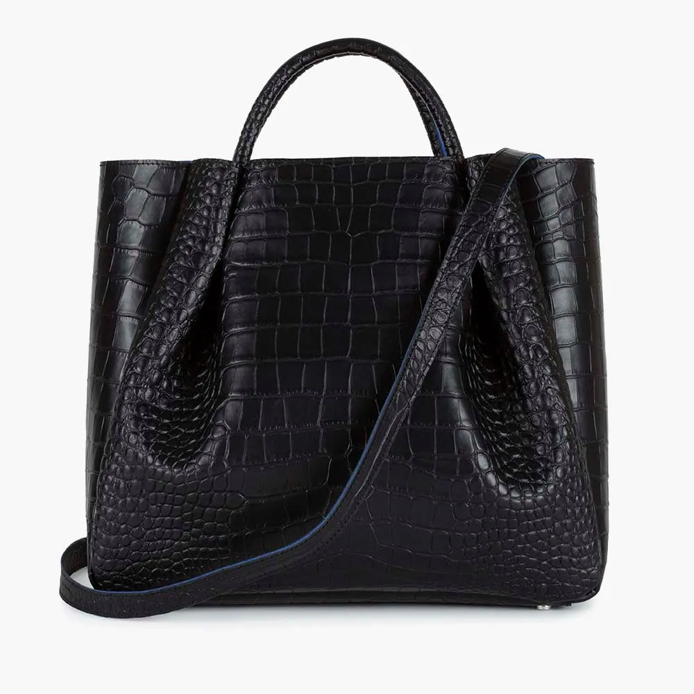 Amalfi Large Leather Tote Bag - Black Croc Print