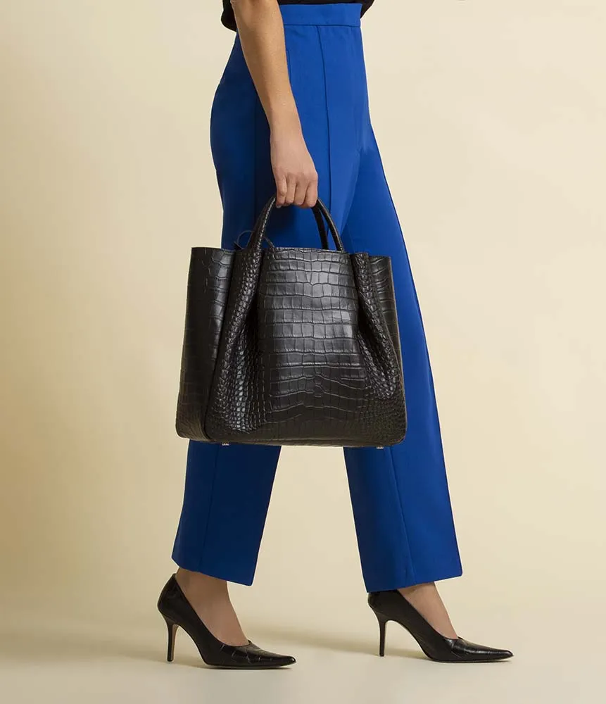 Amalfi Large Leather Tote Bag - Black Croc Print