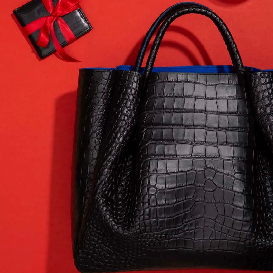 Amalfi Large Leather Tote Bag - Black Croc Print