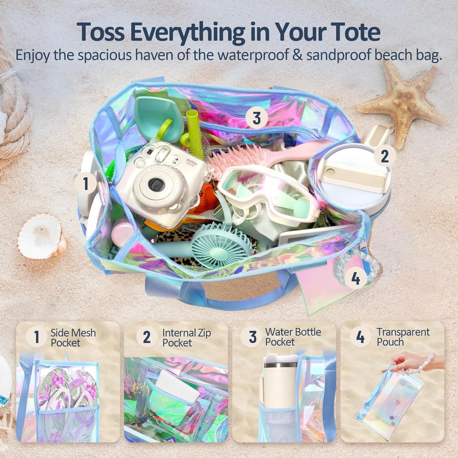 Beach Bag 26L Large Iridescent Waterproof Beach Tote Bag for Women with Zipper & Phone Pouch Sand/Tip-Proof Crossbody