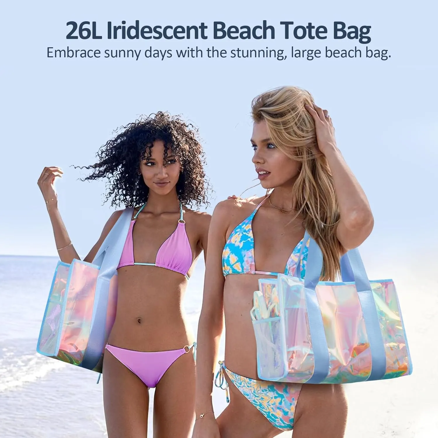 Beach Bag 26L Large Iridescent Waterproof Beach Tote Bag for Women with Zipper & Phone Pouch Sand/Tip-Proof Crossbody