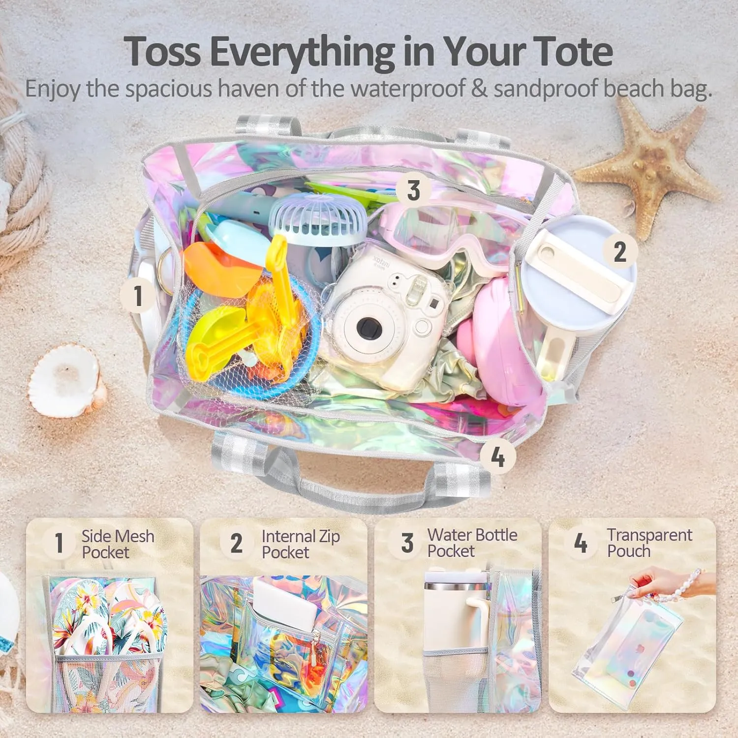Beach Bag 26L Large Iridescent Waterproof Beach Tote Bag for Women with Zipper & Phone Pouch Sand/Tip-Proof Crossbody