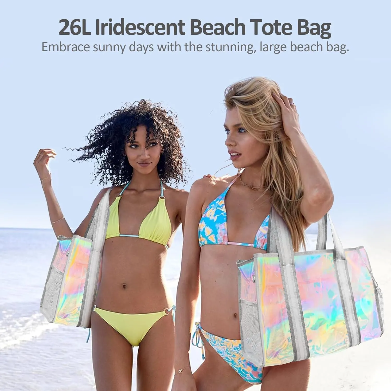 Beach Bag 26L Large Iridescent Waterproof Beach Tote Bag for Women with Zipper & Phone Pouch Sand/Tip-Proof Crossbody