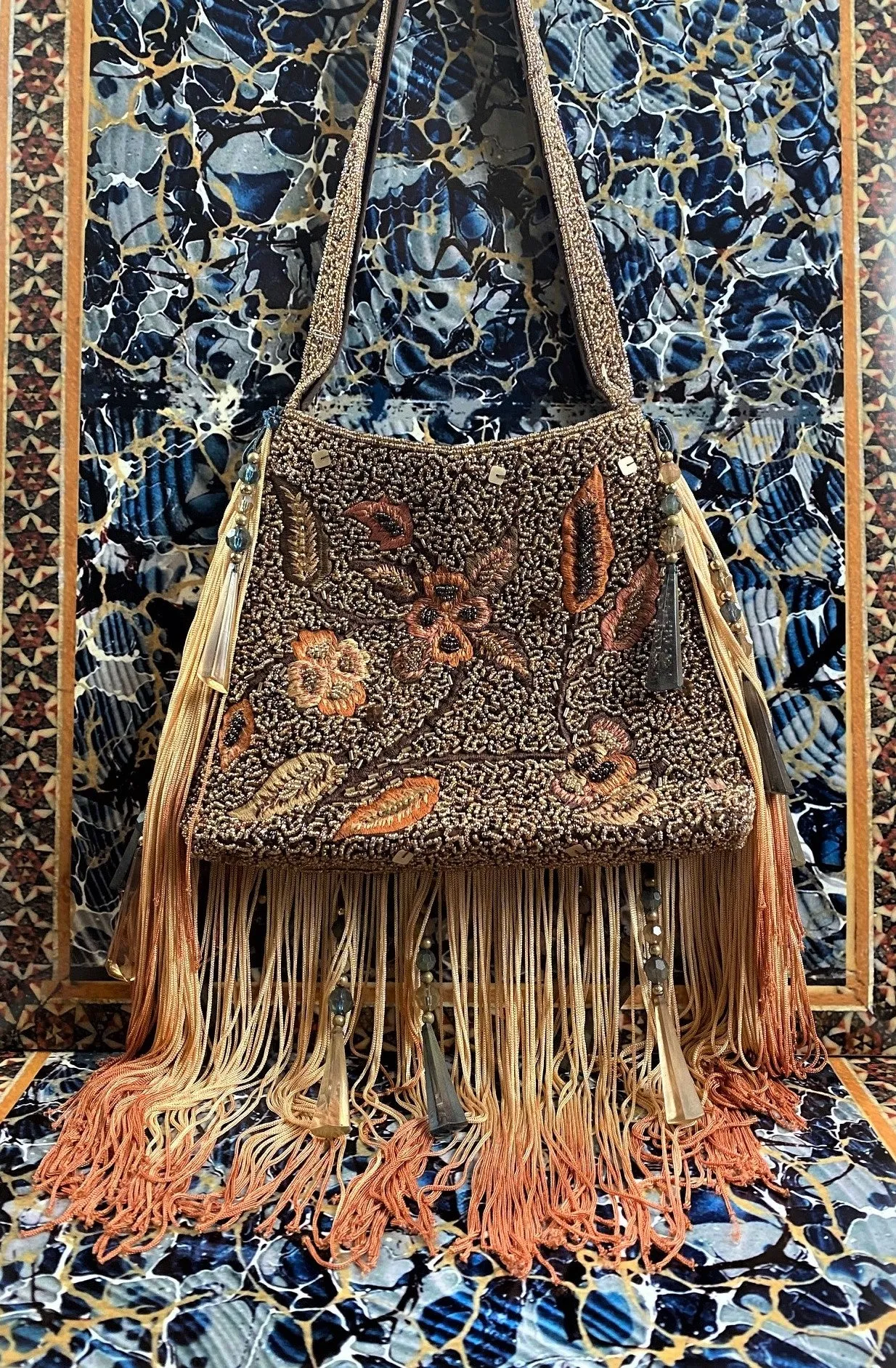 Beaded Upcycled Evening Bag with Ombre Fringe