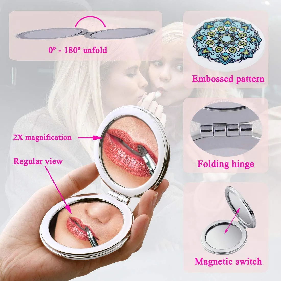Beaufy Magnifying Compact Mirror Cosmetic Makeup Double Side Folding Pocket Purse Handheld Small Mini Beauty Travel Mirrors 2X Magnification for Women Girls Lady Party Favor Gift Mandala Design 6 Pack