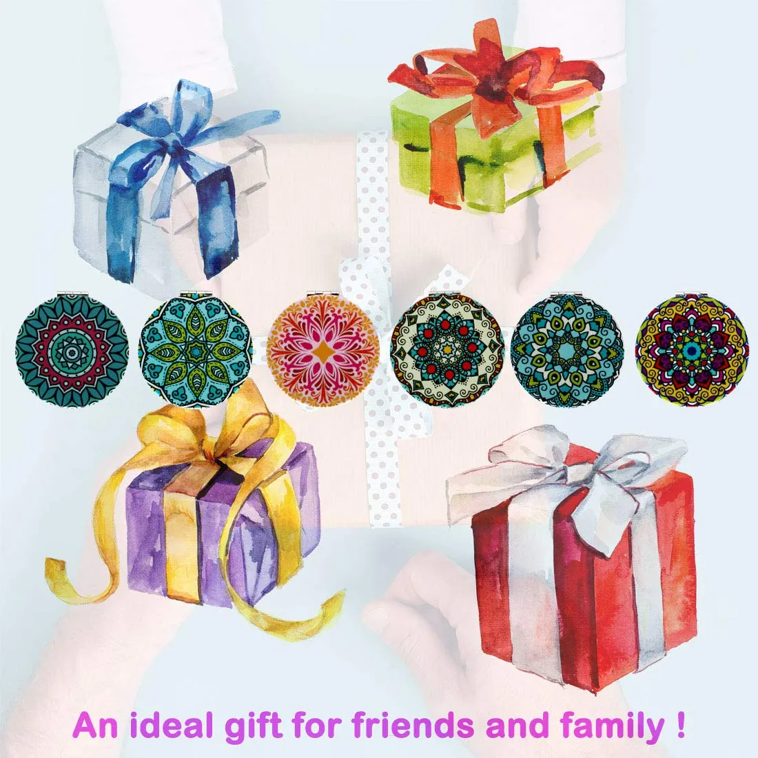 Beaufy Magnifying Compact Mirror Cosmetic Makeup Double Side Folding Pocket Purse Handheld Small Mini Beauty Travel Mirrors 2X Magnification for Women Girls Lady Party Favor Gift Mandala Design 6 Pack