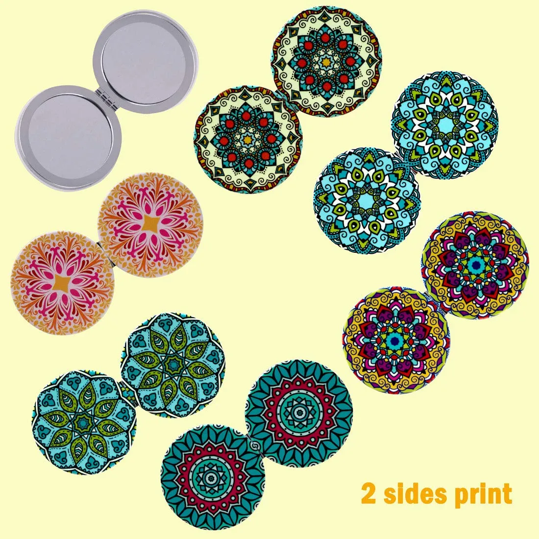 Beaufy Magnifying Compact Mirror Cosmetic Makeup Double Side Folding Pocket Purse Handheld Small Mini Beauty Travel Mirrors 2X Magnification for Women Girls Lady Party Favor Gift Mandala Design 6 Pack
