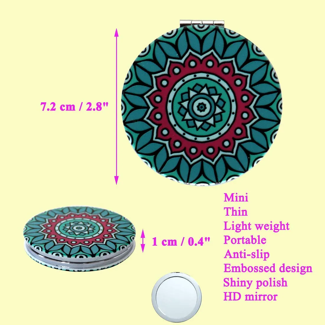 Beaufy Magnifying Compact Mirror Cosmetic Makeup Double Side Folding Pocket Purse Handheld Small Mini Beauty Travel Mirrors 2X Magnification for Women Girls Lady Party Favor Gift Mandala Design 6 Pack