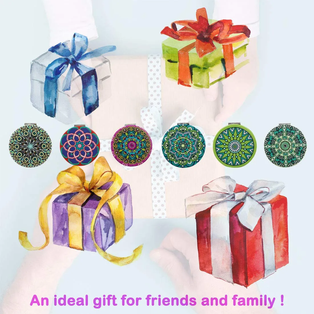 Beaufy Magnifying Travel Makeup Compact Mirror Handheld Mini Pocket Purse Folding Portable Small Mirrors Bulk - Dual Beauty Mirrors for Women Girl Lady Men - Embossing Mandala Mixed Designs - 6 Pack
