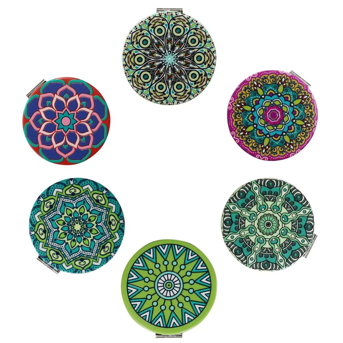 Beaufy Magnifying Travel Makeup Compact Mirror Handheld Mini Pocket Purse Folding Portable Small Mirrors Bulk - Dual Beauty Mirrors for Women Girl Lady Men - Embossing Mandala Mixed Designs - 6 Pack