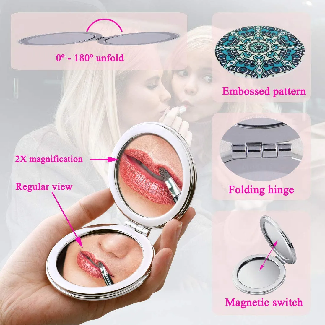 Beaufy Magnifying Travel Makeup Compact Mirror Handheld Mini Pocket Purse Folding Portable Small Mirrors Bulk - Dual Beauty Mirrors for Women Girl Lady Men - Embossing Mandala Mixed Designs - 6 Pack
