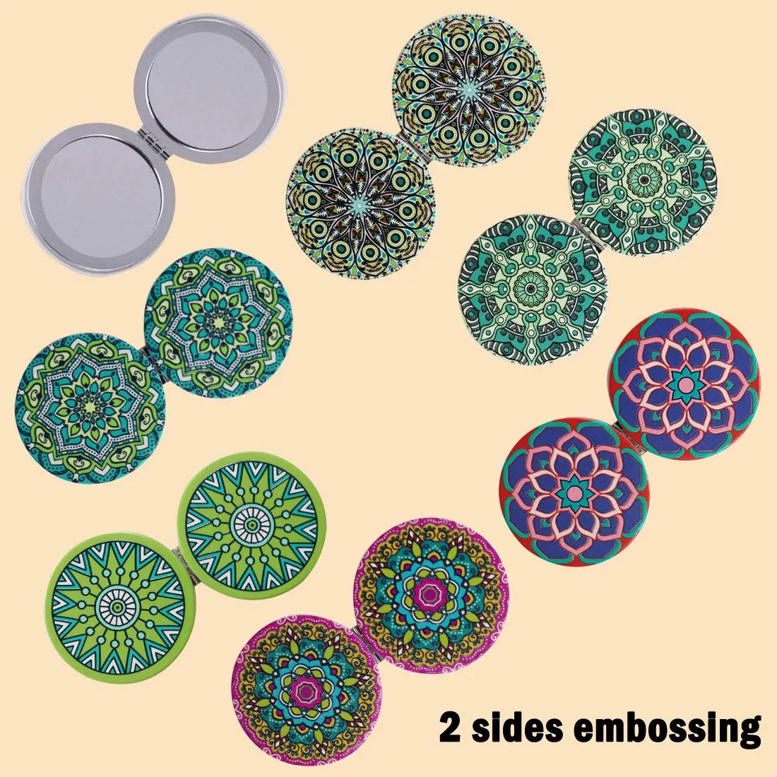 Beaufy Magnifying Travel Makeup Compact Mirror Handheld Mini Pocket Purse Folding Portable Small Mirrors Bulk - Dual Beauty Mirrors for Women Girl Lady Men - Embossing Mandala Mixed Designs - 6 Pack