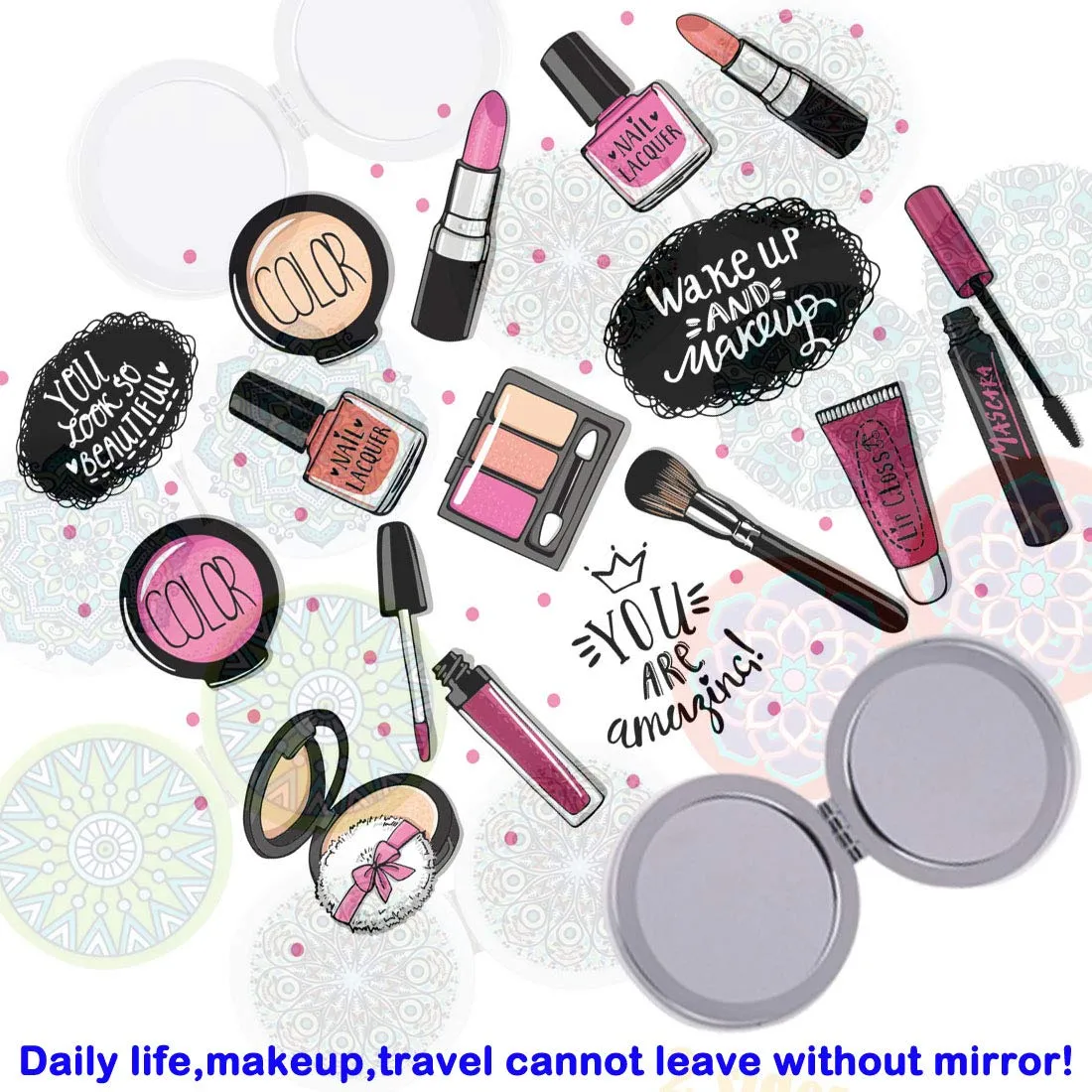 Beaufy Magnifying Travel Makeup Compact Mirror Handheld Mini Pocket Purse Folding Portable Small Mirrors Bulk - Dual Beauty Mirrors for Women Girl Lady Men - Embossing Mandala Mixed Designs - 6 Pack