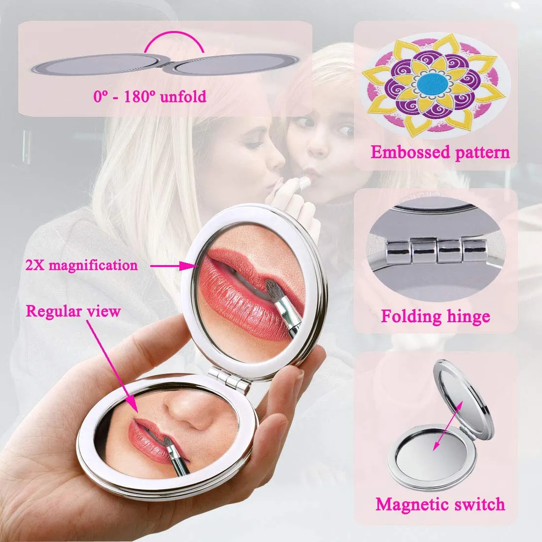 Beaufy Manifying Travel Makeup Compact Mirror Handheld Mini Pocket Purse Folding Portable Small Mirrors Bulk - Dual Beauty Mirrors for Women Girl Lady Men - Embossing Mandala Mixed designs - 6 Pack Blue