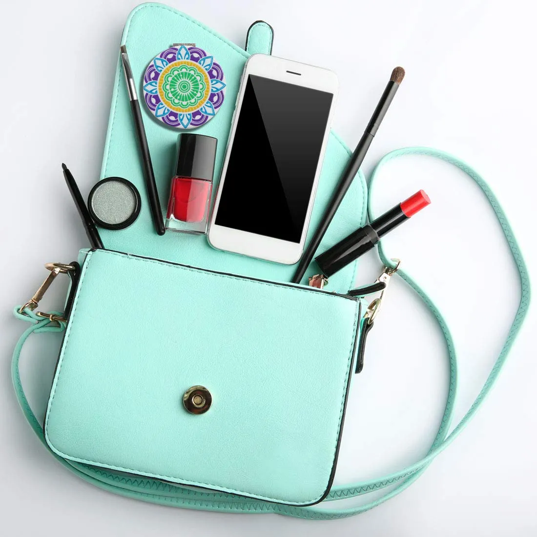 Beaufy Manifying Travel Makeup Compact Mirror Handheld Mini Pocket Purse Folding Portable Small Mirrors Bulk - Dual Beauty Mirrors for Women Girl Lady Men - Embossing Mandala Mixed designs - 6 Pack Blue