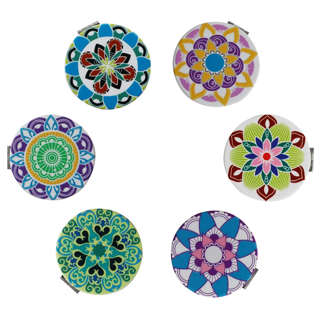 Beaufy Manifying Travel Makeup Compact Mirror Handheld Mini Pocket Purse Folding Portable Small Mirrors Bulk - Dual Beauty Mirrors for Women Girl Lady Men - Embossing Mandala Mixed designs - 6 Pack Blue