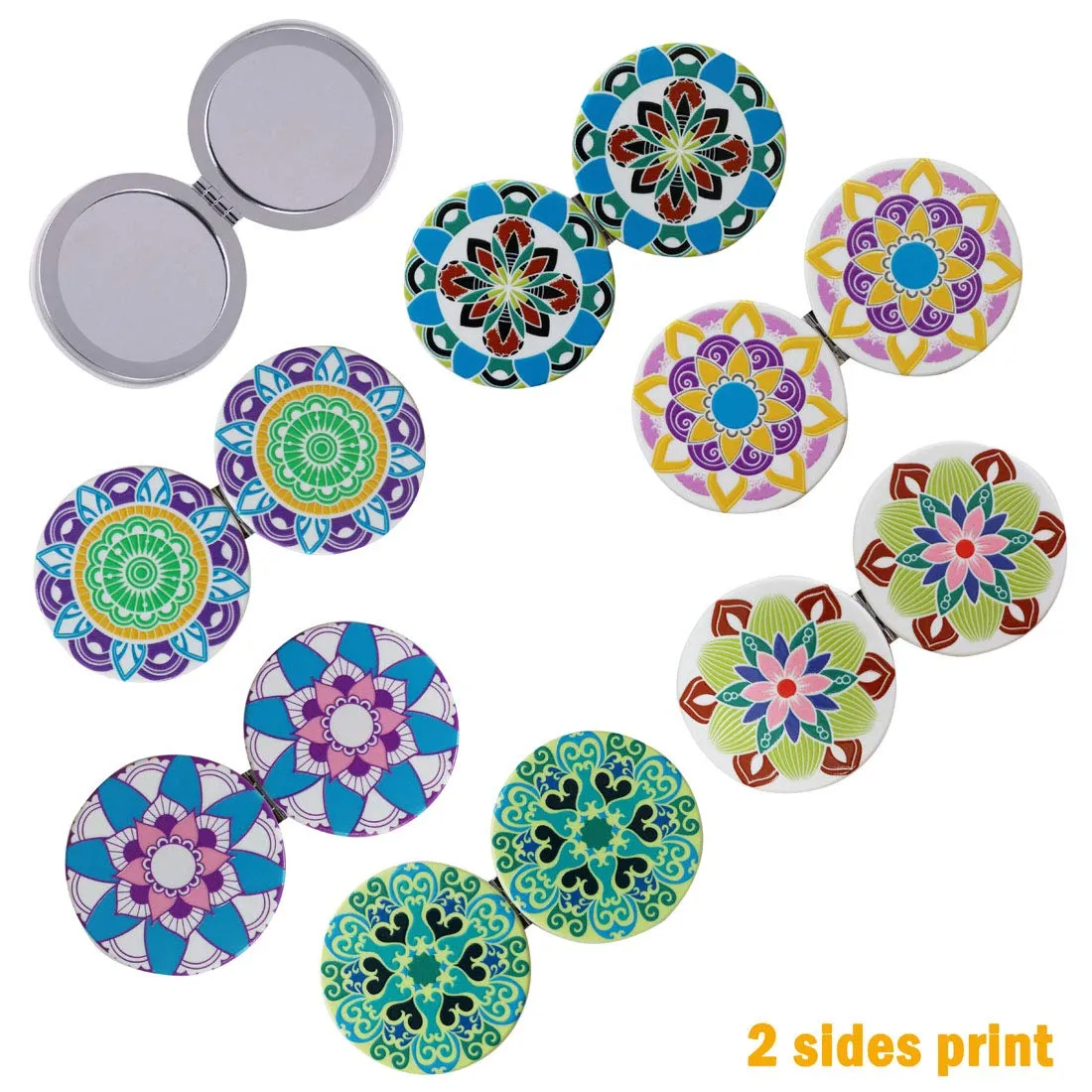 Beaufy Manifying Travel Makeup Compact Mirror Handheld Mini Pocket Purse Folding Portable Small Mirrors Bulk - Dual Beauty Mirrors for Women Girl Lady Men - Embossing Mandala Mixed designs - 6 Pack Blue