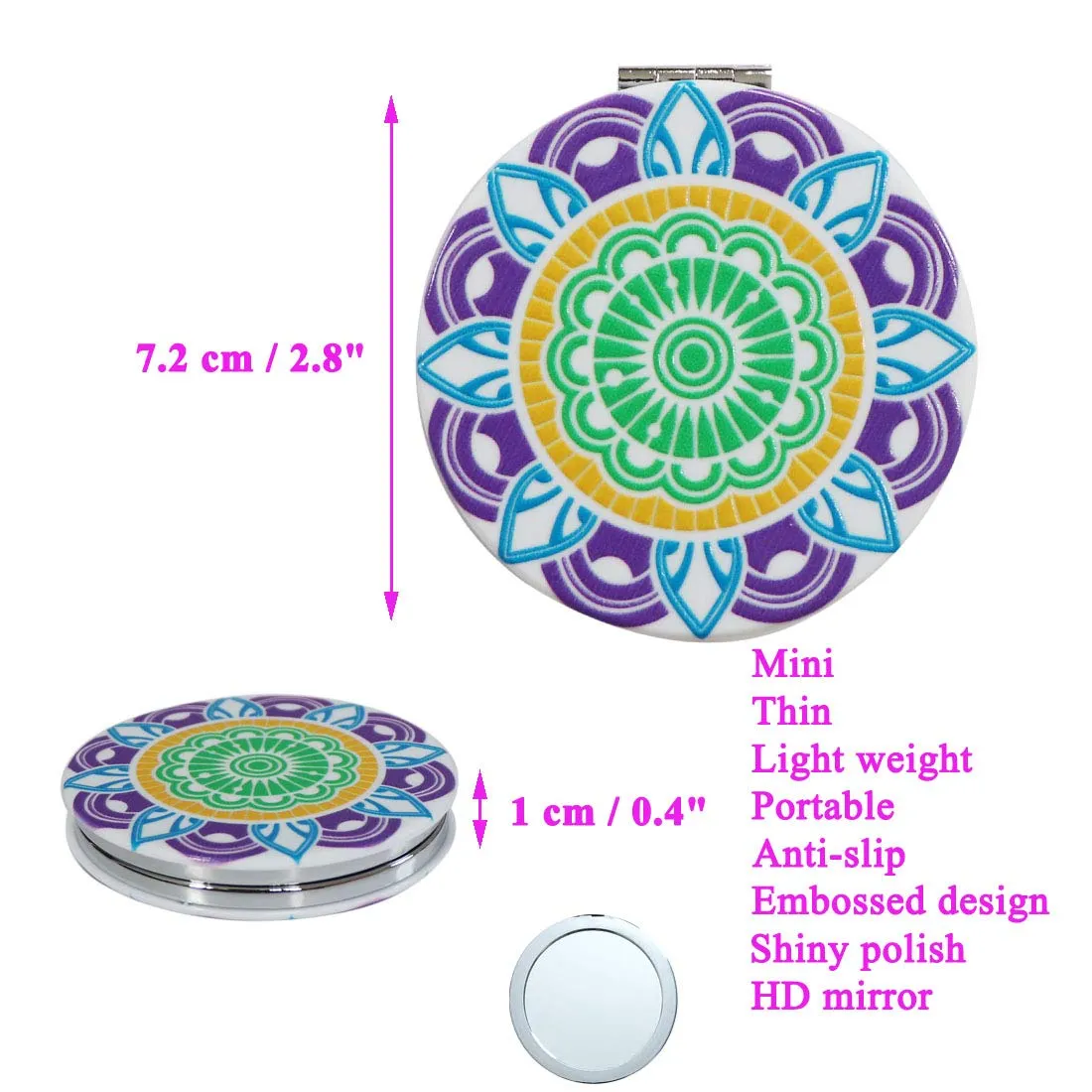 Beaufy Manifying Travel Makeup Compact Mirror Handheld Mini Pocket Purse Folding Portable Small Mirrors Bulk - Dual Beauty Mirrors for Women Girl Lady Men - Embossing Mandala Mixed designs - 6 Pack Blue