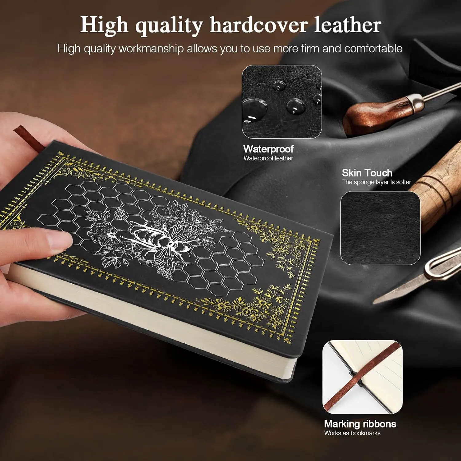 Bee Gifts Bee Faux Leather Vintage Journal Notebook Honey Bee Gifts,Hardcover Notebook for Women Men,Bee Lover Gifts,200 Pages 100 Gsm Journal Notebook with Pen,1 Pack Black A5 (Bee Black)