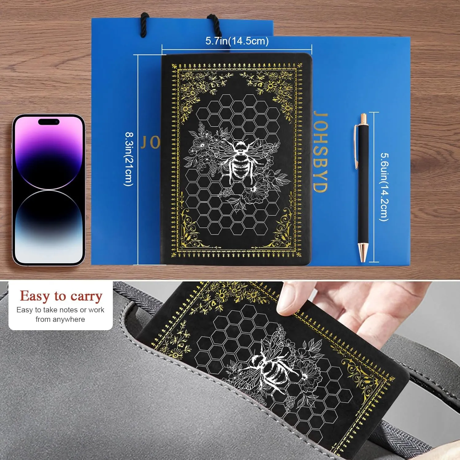 Bee Gifts Bee Faux Leather Vintage Journal Notebook Honey Bee Gifts,Hardcover Notebook for Women Men,Bee Lover Gifts,200 Pages 100 Gsm Journal Notebook with Pen,1 Pack Black A5 (Bee Black)