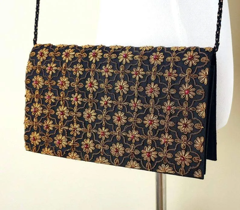 Black and Copper Silk Clutch Bag with Garnets