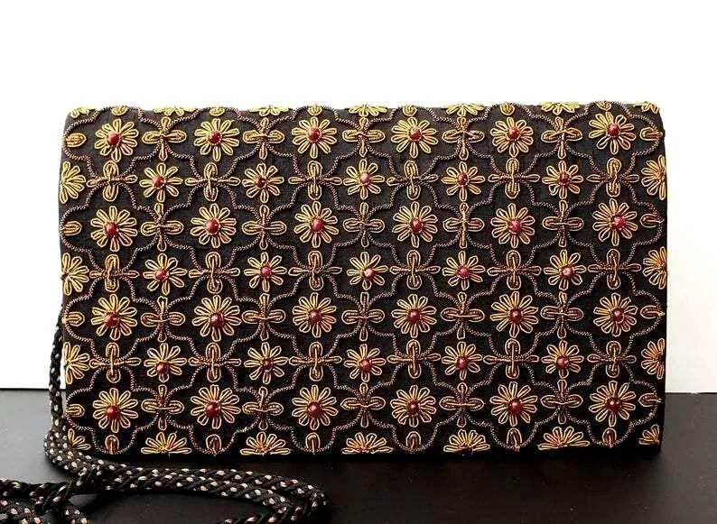 Black and Copper Silk Clutch Bag with Garnets