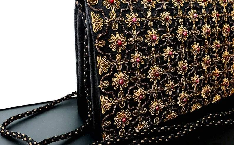 Black and Copper Silk Clutch Bag with Garnets