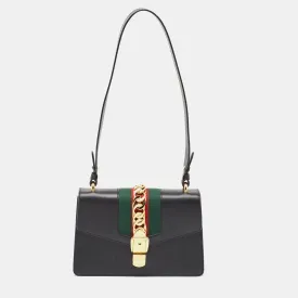 Black Leather Small Web Sylvie Shoulder Bag