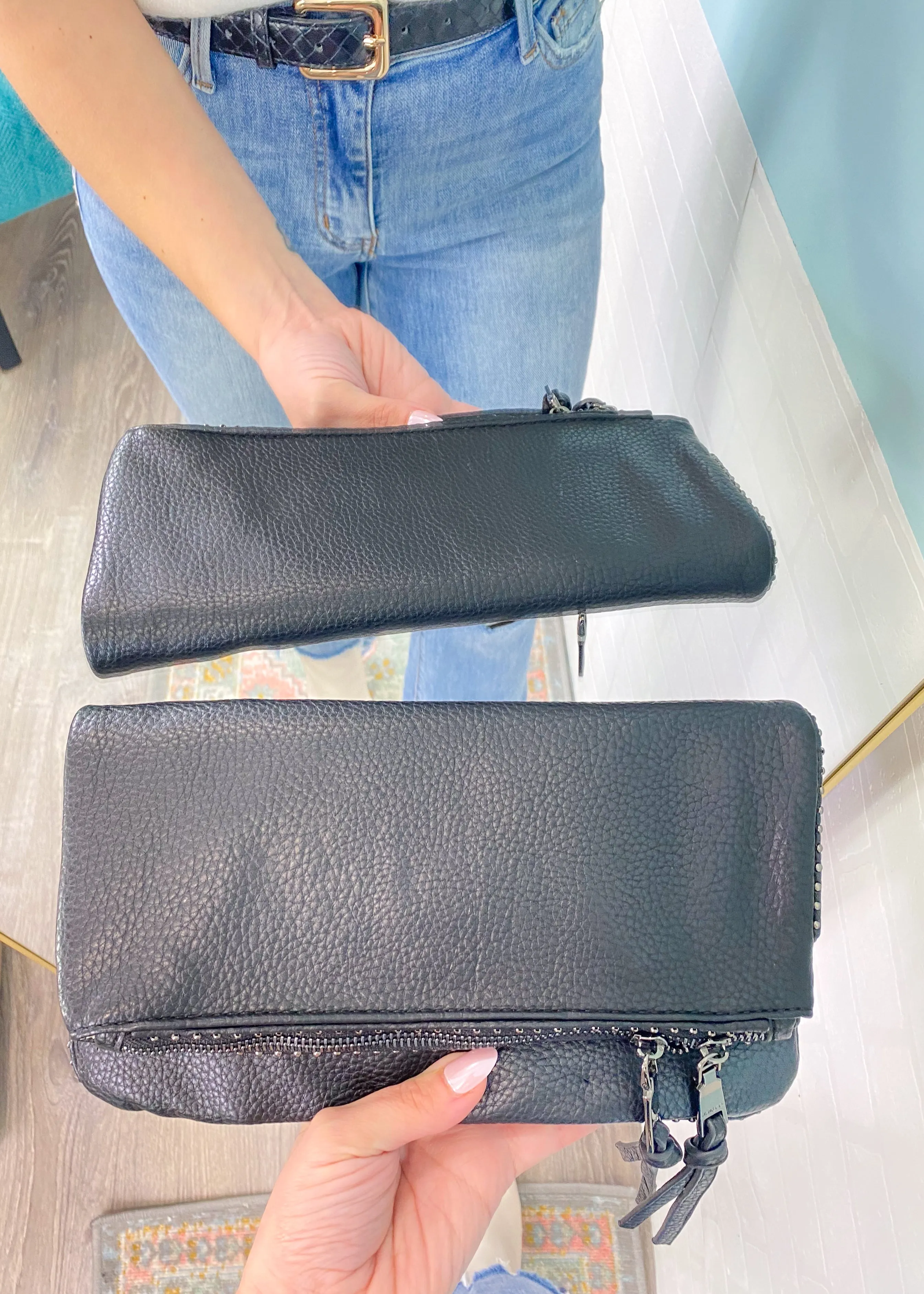 Black Studded Chainlink Faux Leather Crossbody Handbag