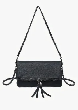 Black Studded Chainlink Faux Leather Crossbody Handbag