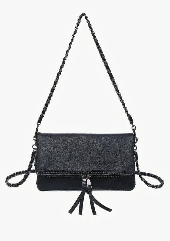 Black Studded Chainlink Faux Leather Crossbody Handbag