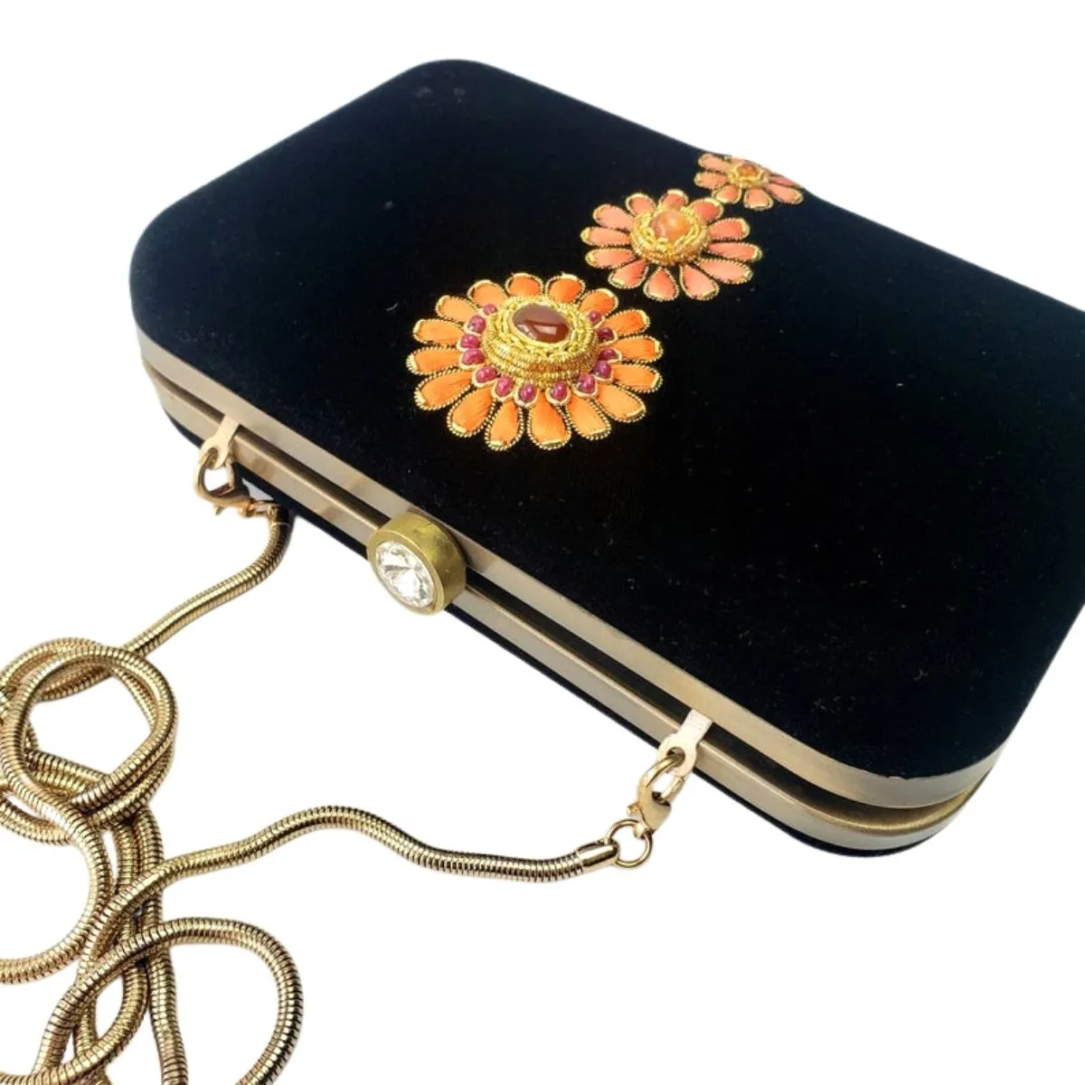 Black Velvet Hard Case Clutch Embroidered with Peach Flowers