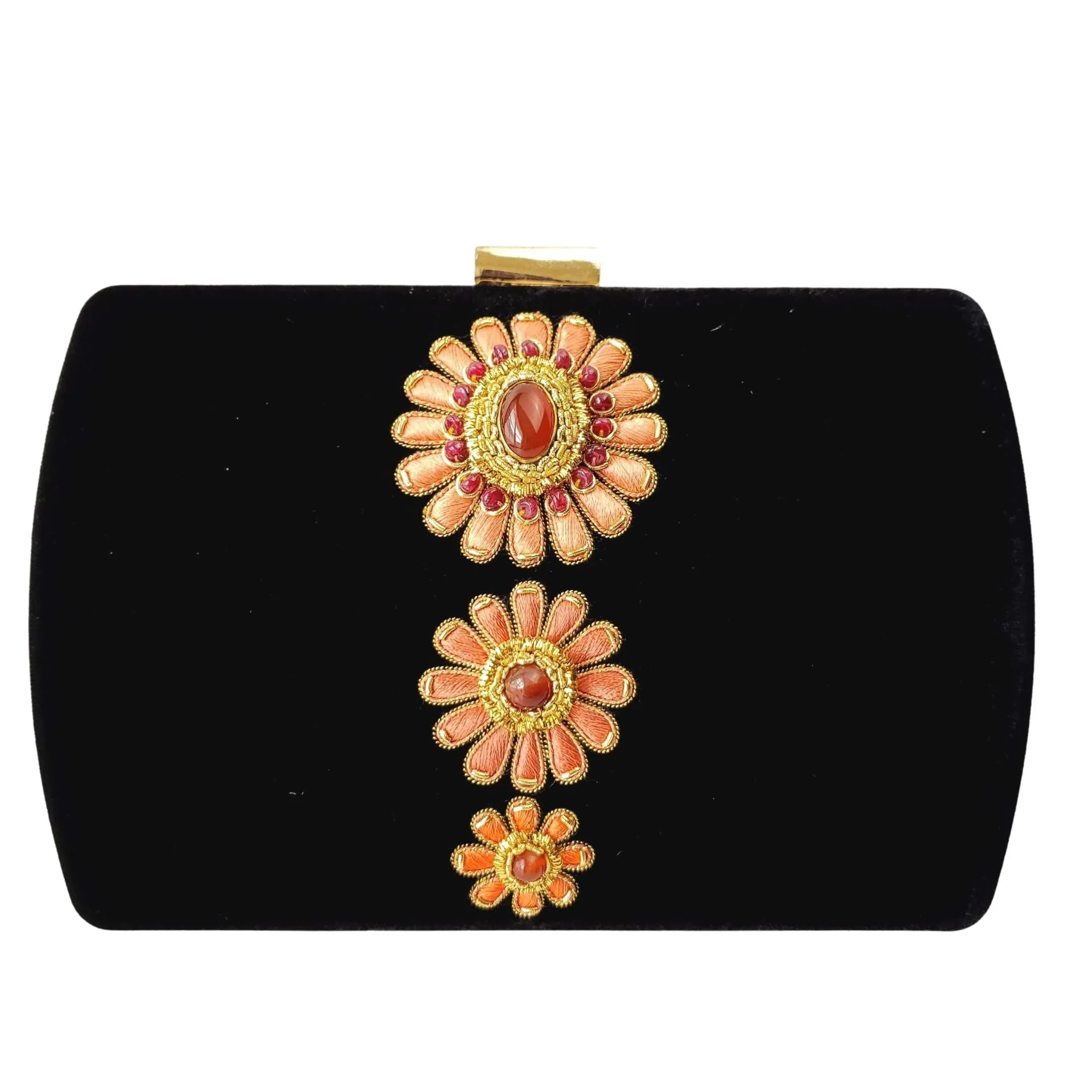Black Velvet Hard Case Clutch Embroidered with Peach Flowers