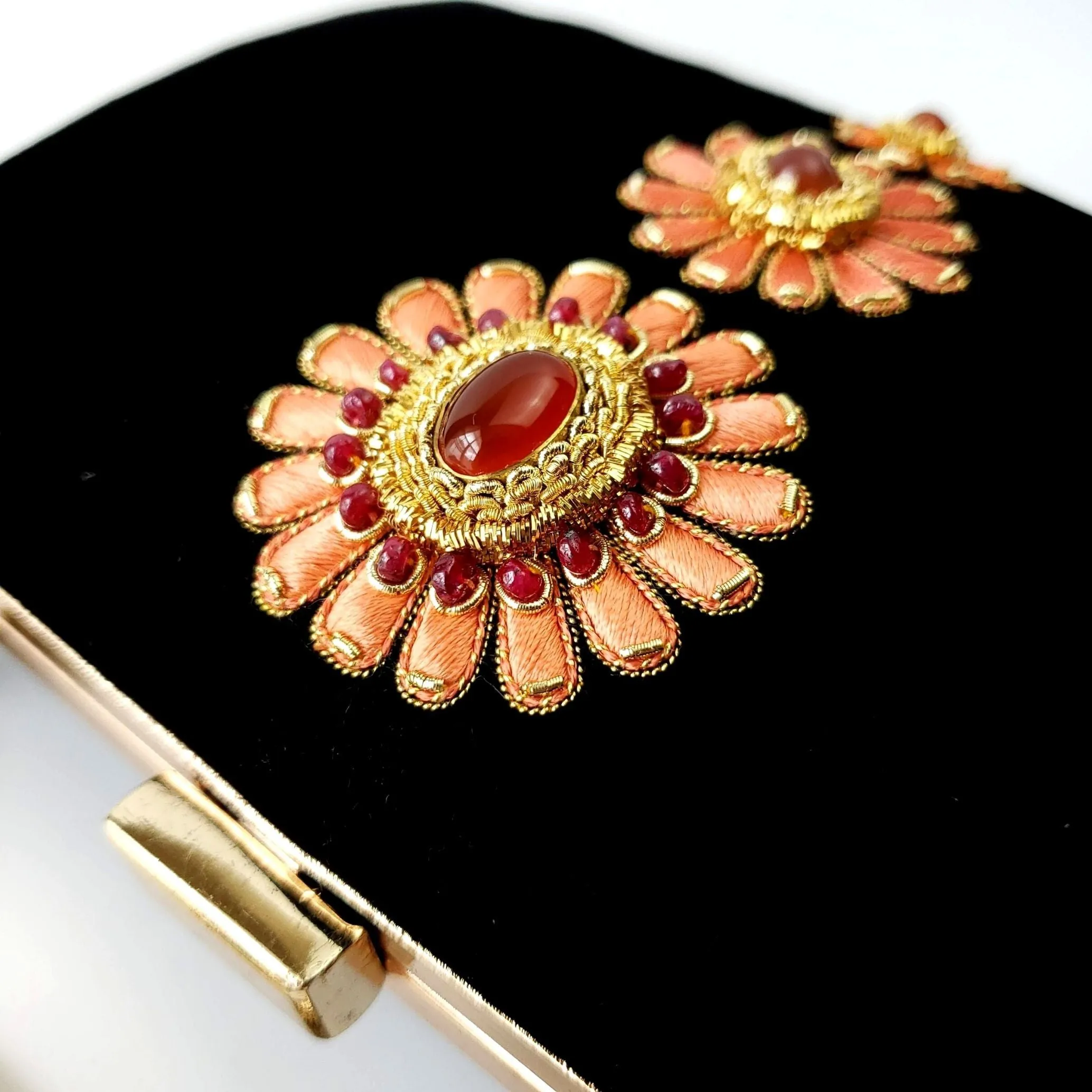 Black Velvet Hard Case Clutch Embroidered with Peach Flowers