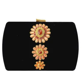 Black Velvet Hard Case Clutch Embroidered with Peach Flowers