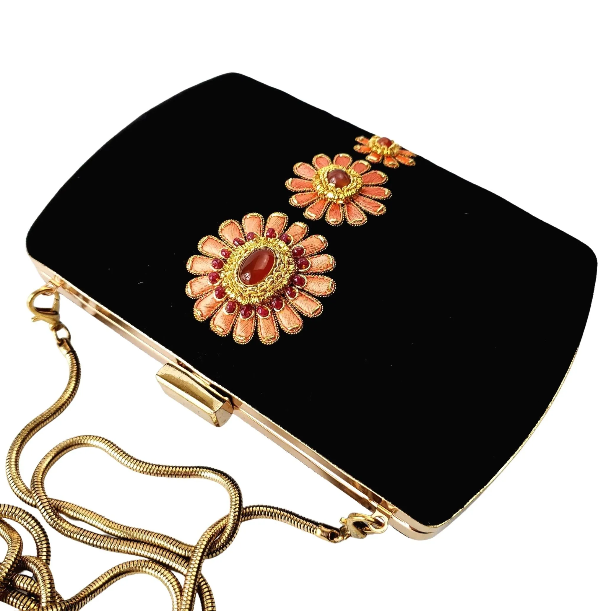 Black Velvet Hard Case Clutch Embroidered with Peach Flowers