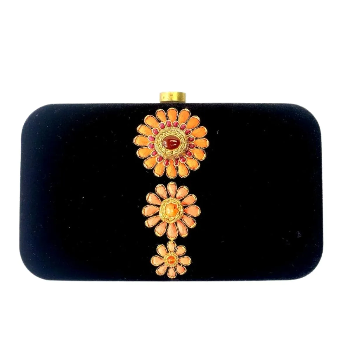 Black Velvet Hard Case Clutch Embroidered with Peach Flowers