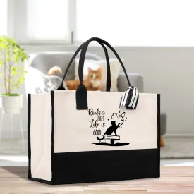 Books and Cats Life Is Good Cotton Canvas Tote Bag Book Lover Gift Black Cat Owner Birthday Gift Book and Cat Lover Gift