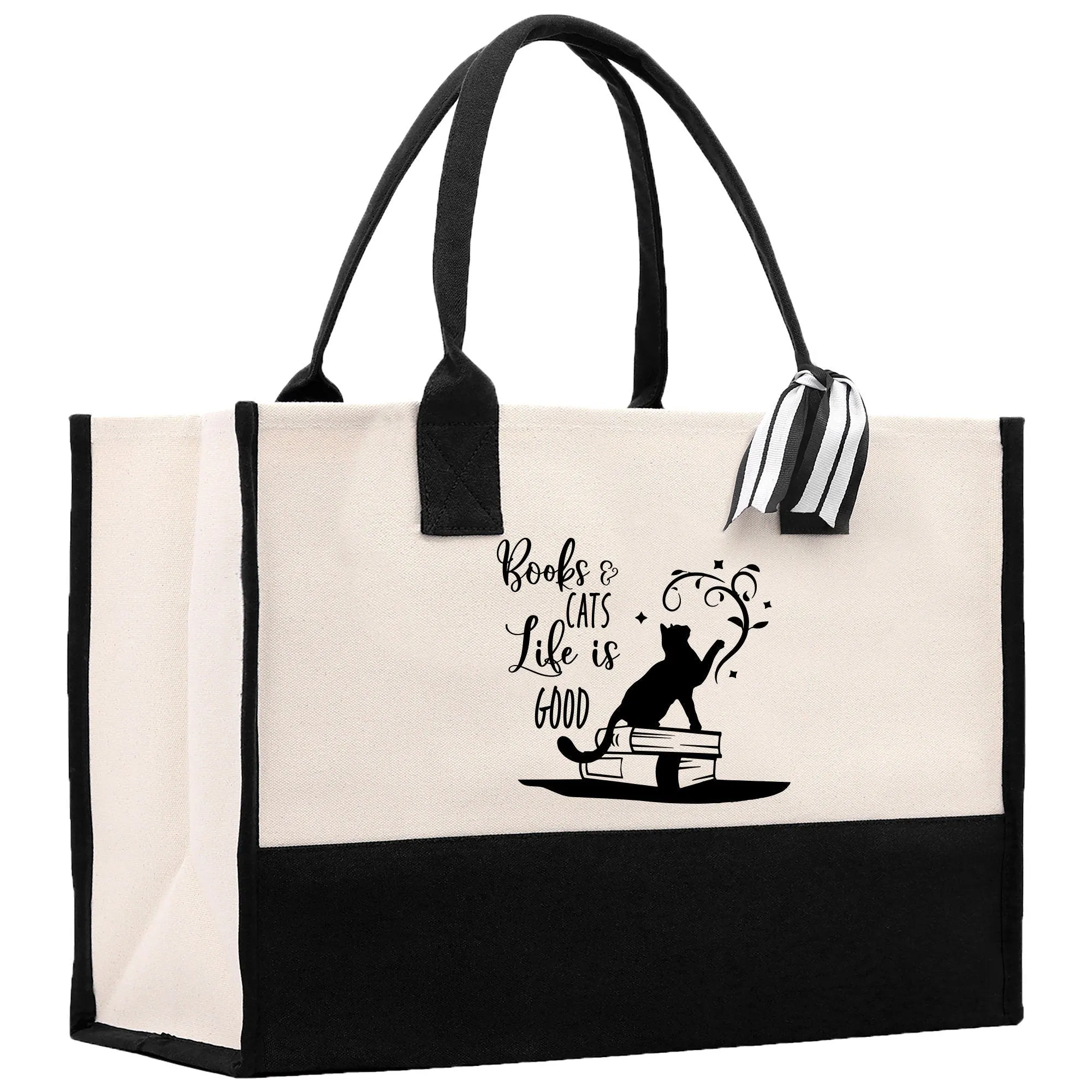 Books and Cats Life Is Good Cotton Canvas Tote Bag Book Lover Gift Black Cat Owner Birthday Gift Book and Cat Lover Gift