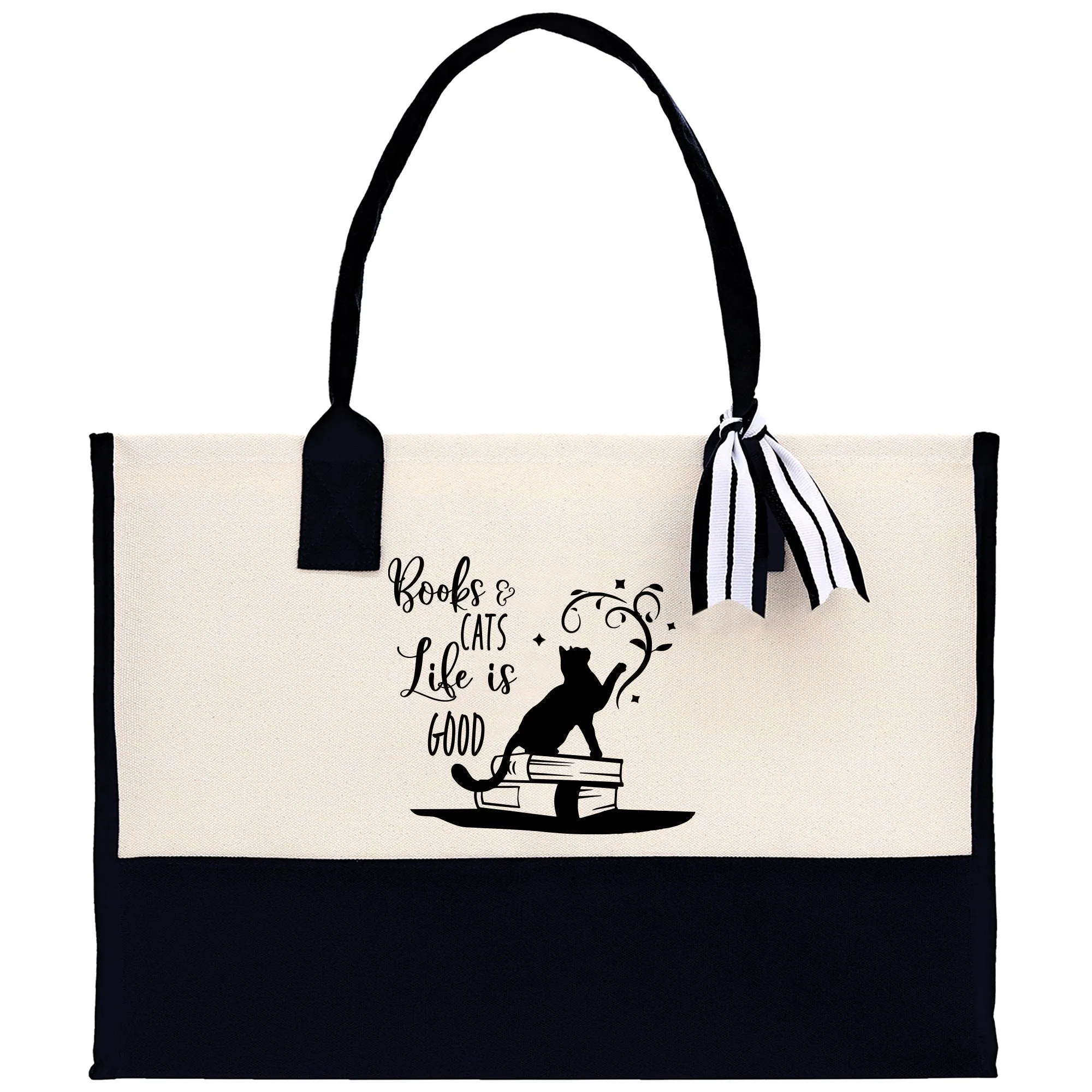 Books and Cats Life Is Good Cotton Canvas Tote Bag Book Lover Gift Black Cat Owner Birthday Gift Book and Cat Lover Gift