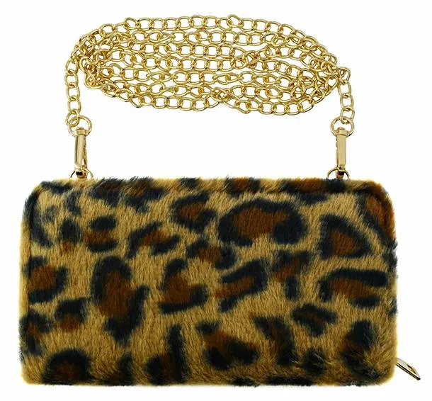 BP041LF Leopard Faux Fur Turn Lock Crossbody Wallet