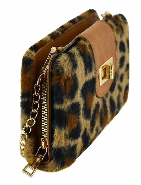 BP041LF Leopard Faux Fur Turn Lock Crossbody Wallet