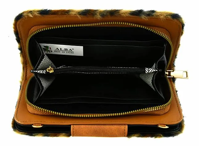 BP041LF Leopard Faux Fur Turn Lock Crossbody Wallet