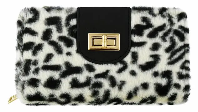 BP041LF Leopard Faux Fur Turn Lock Crossbody Wallet