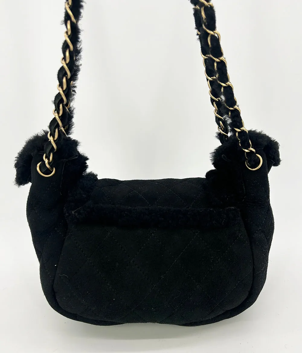 Chanel Black Suede Shearling Small Accordion Flap Bag