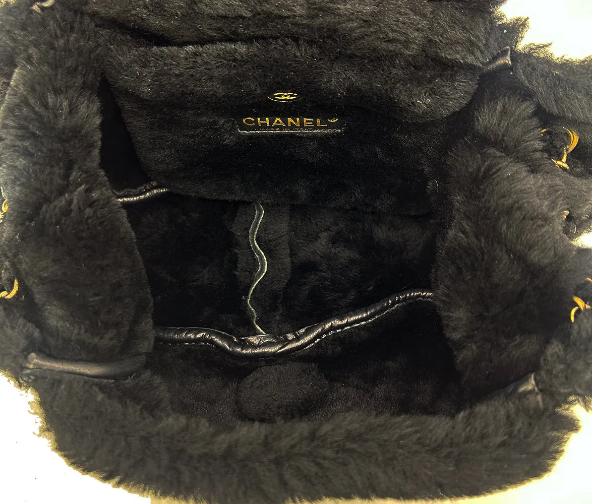 Chanel Black Suede Shearling Small Accordion Flap Bag