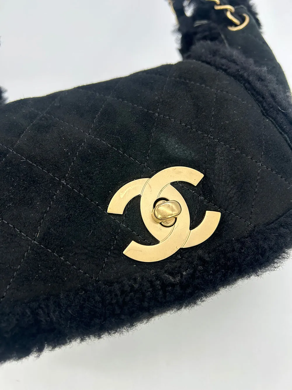 Chanel Black Suede Shearling Small Accordion Flap Bag