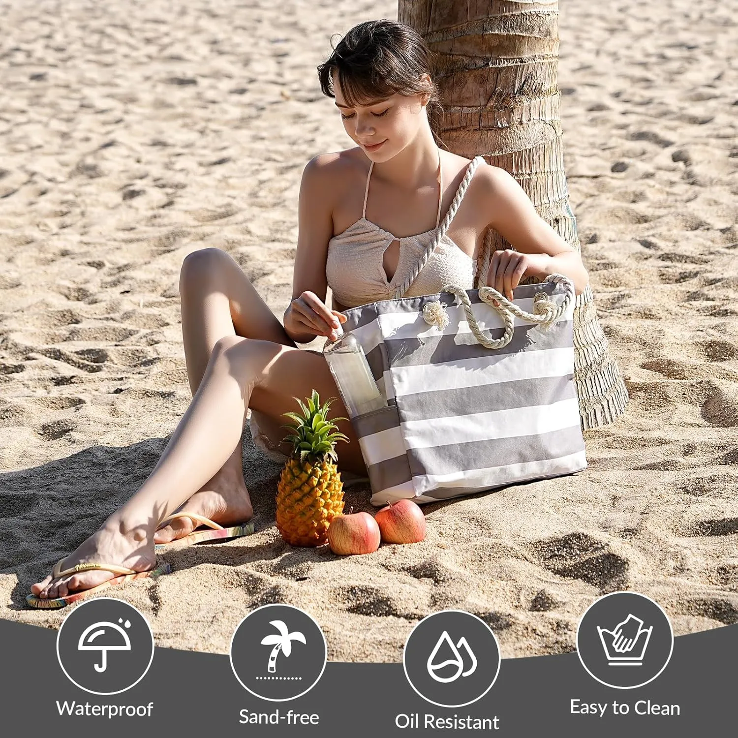Clothirily Beach Bag for Women - Large Beach Tote Bag, Waterproof Sandproof Beach Bag with Zipper, Large Swim Pool Beach Tote
